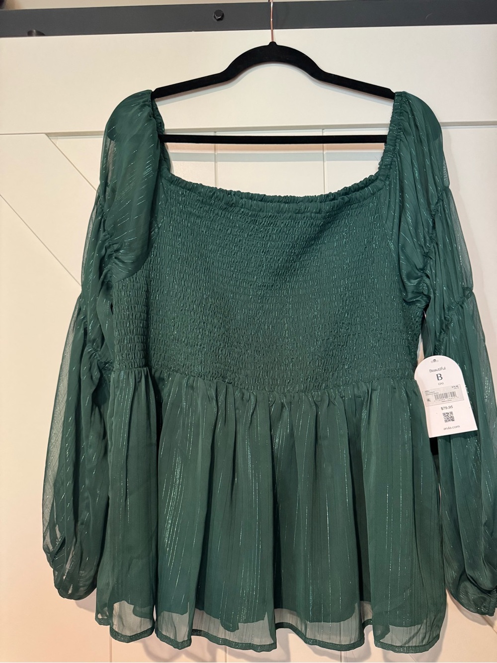 ARULA Emerald Green Smocked Peasant Blouse with Metallic Sheen